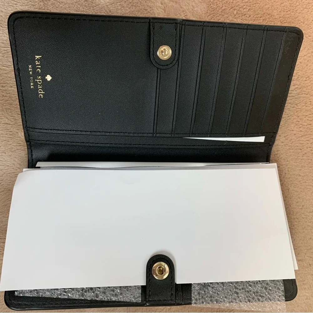 NWT Kate Spade Large Slim Bifold Wallet. Tan and Black with Gold Accents. - Picture 5 of 10